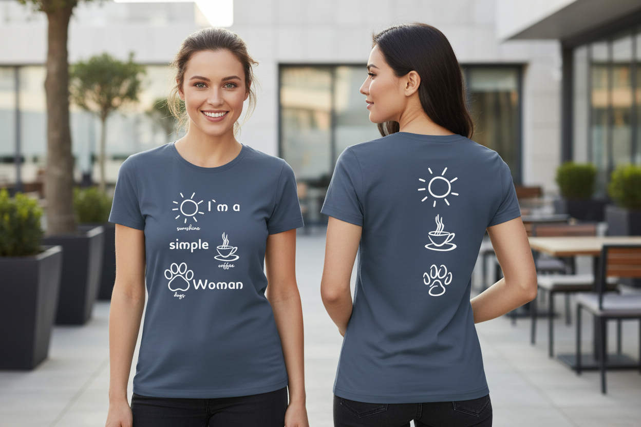 Zwei Frauen in Denim Blue T-Shirts